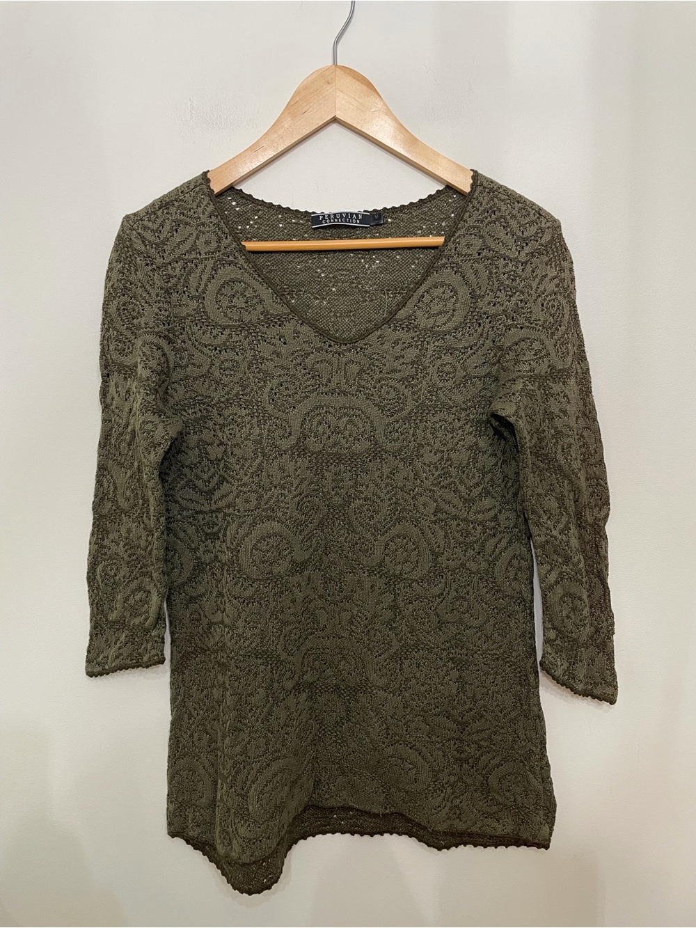 Peruvian Connection 100% Cotton Lace Sweater Top Olive Green 3/4 Sleeve Womens M